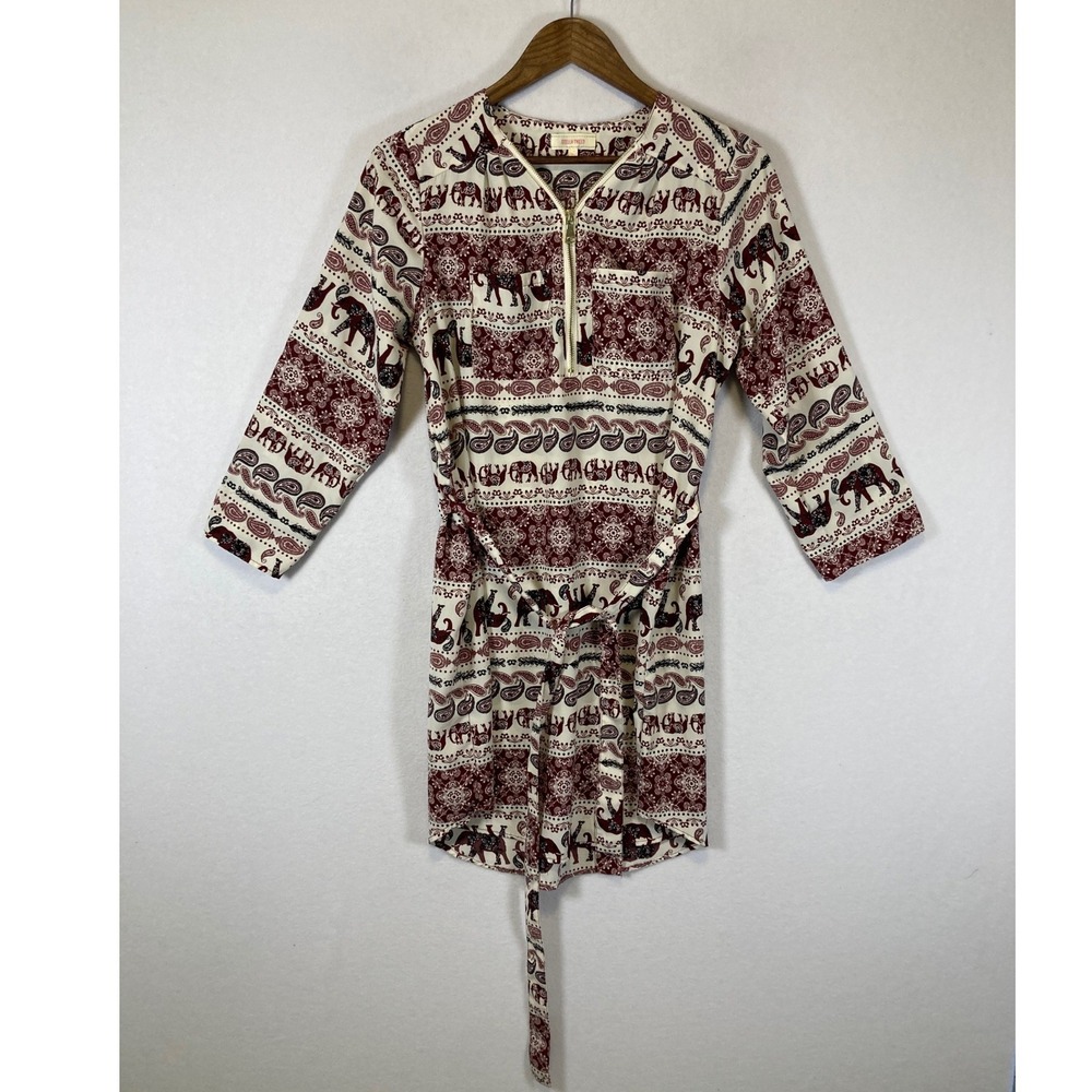 Boho Elephant Print Stellaβ Tweed Women Small Burgundy Cream Zip Tunic Dress